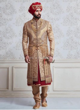 Raw Silk Layered Mughal Style Sherwani