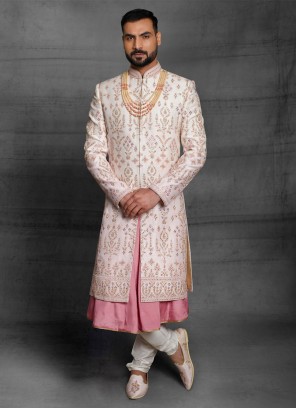 Raw Silk Off White Designer Groom Anarkali Designer