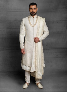 Raw Silk Off White Sherwani For Wedding