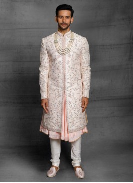 Raw Silk Sherwani In Light Peach Color