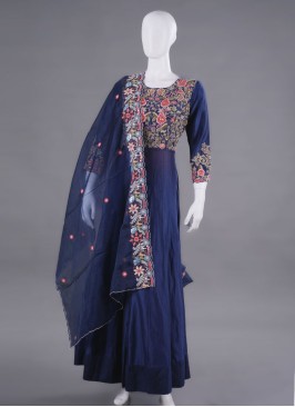 Bue Raw Silk Embroidered Anarkali With Dupatta