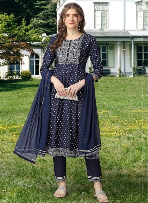 Rayon Navy Blue Designer Salwar Kameez With Dupatta