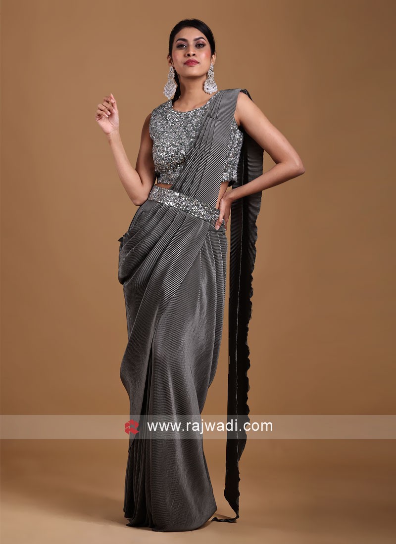 Grey colored Readymade Satin Saree with Patch and Designer B