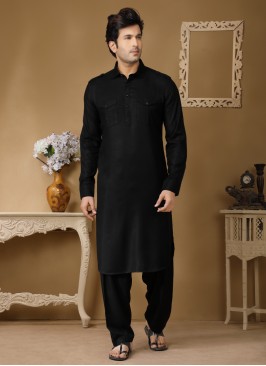 Readymade Black Cotton Silk Pathani Suit Set