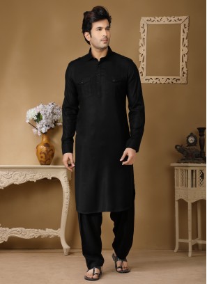 Readymade Black Cotton Silk Pathani Suit Set