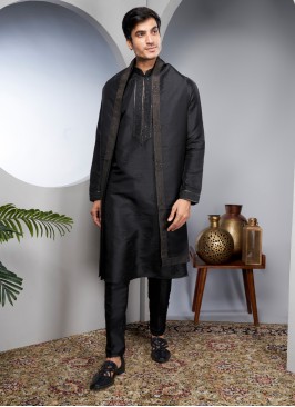 Readymade Black Embroidered Kurta Pajama With Dupatta