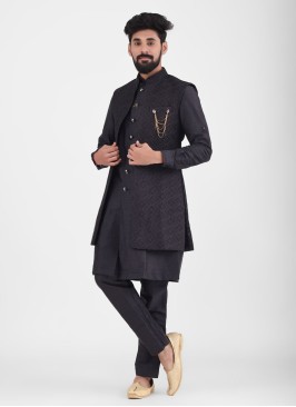 Readymade Black Men's Thread Work Nehru Jacket Set