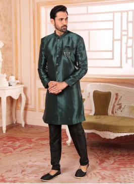 Readymade Bottle Green Art Silk Indowestern Set