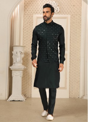 Readymade Bottle Green Nehru Jacket Set For Men