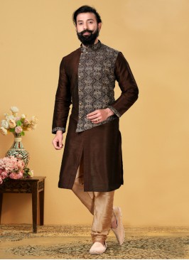 Readymade Brown Color Dupion Silk Indowestern Set