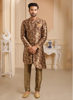 Readymade Brown Jacquard Silk Indowestern Set