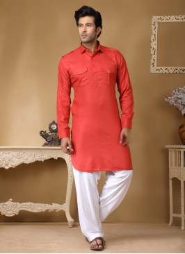 Readymade Coral Color Cotton Silk Pathani Suit