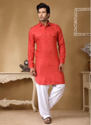 Readymade Coral Color Cotton Silk Pathani Suit