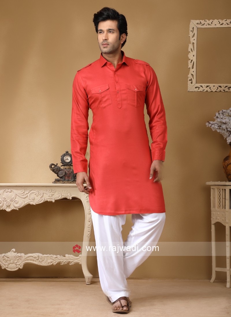 Readymade Coral Color Cotton Silk Pathani Suit