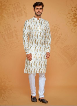 Readymade Cream Cotton Silk Printed Kurta Pajama