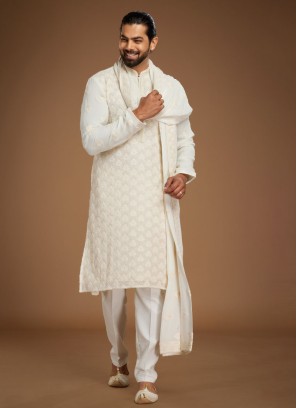 Readymade Cream Embroidered Kurta Pajama For Men