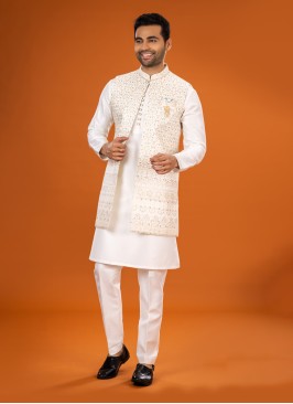 Readymade Cream Sequins Work Nehru Jacket Set