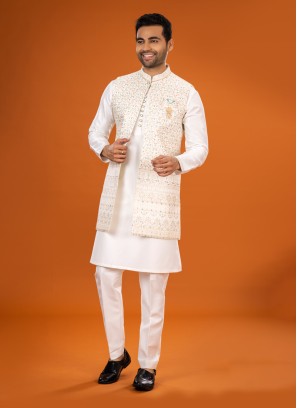 Readymade Cream Sequins Work Nehru Jacket Set