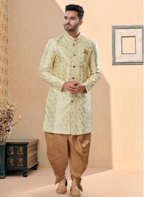 Readymade Cream Woven Work Indowestern Set