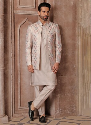 Readymade Dark Beige Jacket Style Indowestern Set