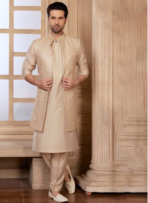 Readymade Golden Cream Nehru Jacket Set For Men