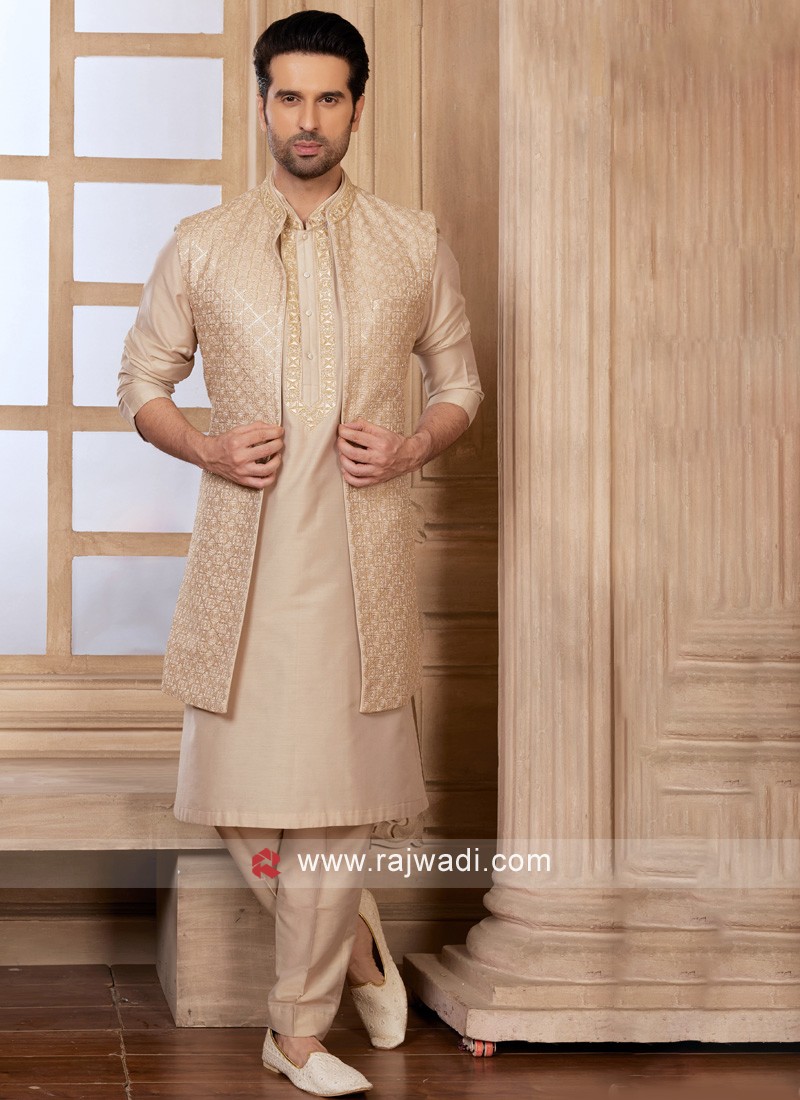 Readymade Golden Cream Nehru Jacket Set For Men