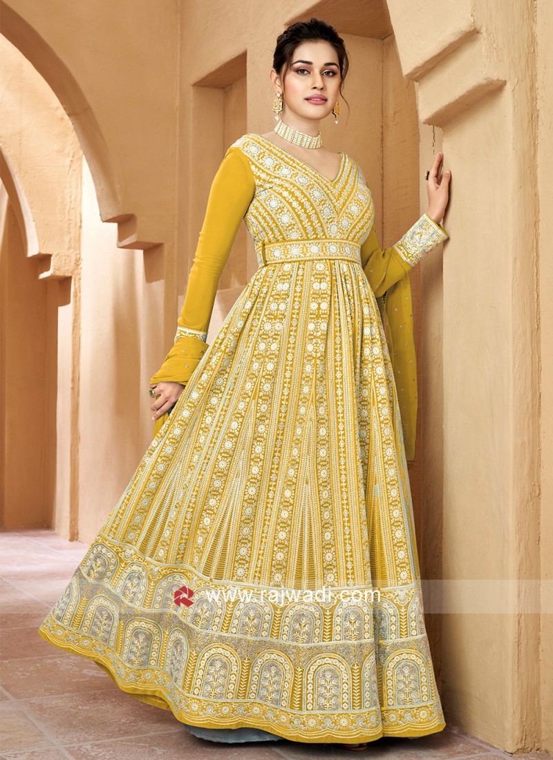 Yellow Floral Printed Anarkali Suit-nttc.com.vn