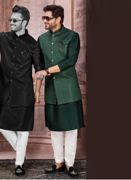 Readymade Green Sequins Work Nehru Jacket Set