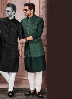 Readymade Green Sequins Work Nehru Jacket Set