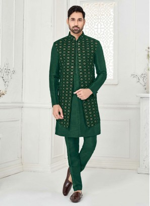 Readymade Green Thread Embroidered Indowestern