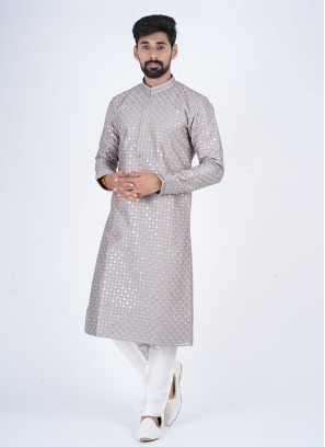 Readymade Grey And Off White Silk Kurta Pajama