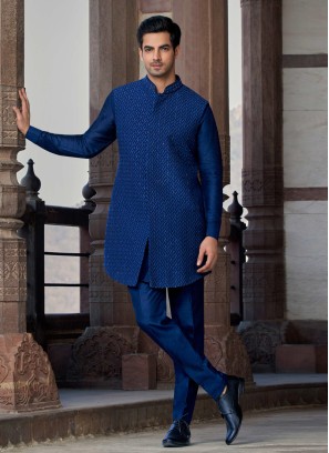 Readymade Jacket Style Indowestern In Navy Blue