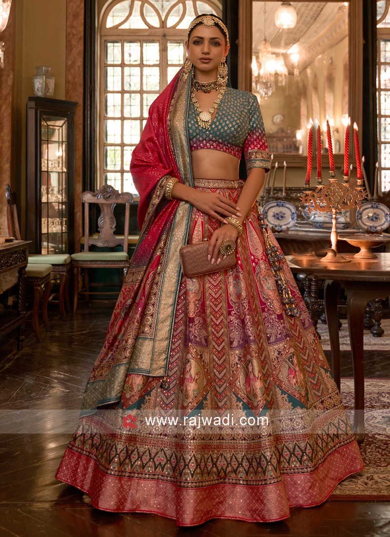 RE - Multi Colored Mouch Satin Mirror Work Lehenga Choli - Latest Lehengas  - New In - Indian