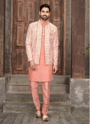 Readymade Light Coral Nehru Jacket Set For Men