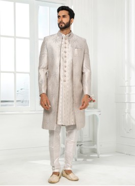 Readymade Light Grey Jacket Style Indowestern In Art Silk