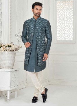 Readymade Light Grey Mirror Embroidered Indowestern