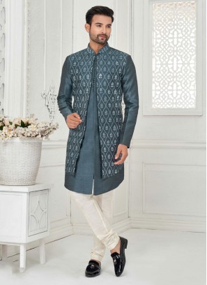 Readymade Light Grey Mirror Embroidered Indowestern