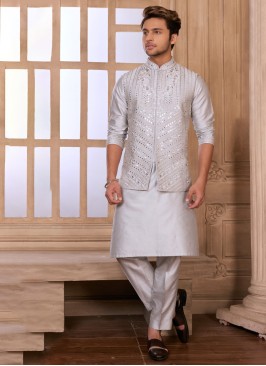 Readymade Light Grey Mirror Work Nehru Jacket Set