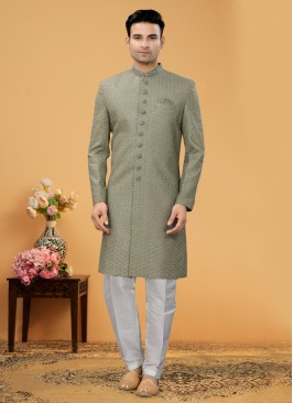 Readymade Light Olive Thread Men's Indowestern Set