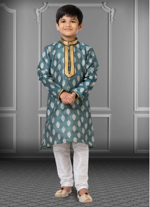 Readymade Light Teal Blue Jacquard Silk Kurta Pajama