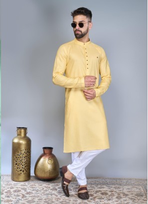 Readymade Light Yellow Cotton Silk Kurta Pajama
