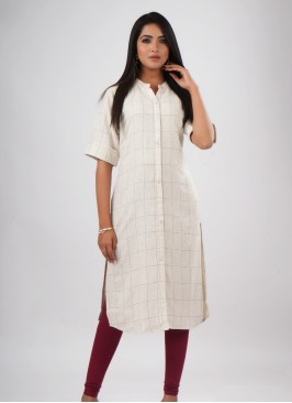 Readymade Linen Fabric Cream Kurti