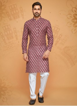 Readymade Maroon Print Cotton Silk Kurta Pajama