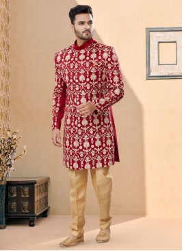 Readymade Maroon Thread Embroidered Men's Indowestern Set