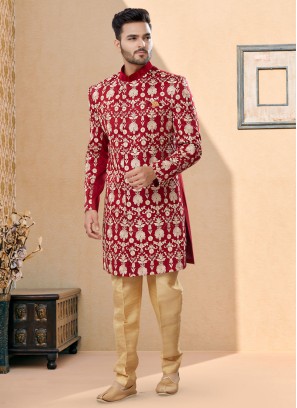 Readymade Maroon Thread Embroidered Men