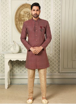 Readymade Maroon Thread Men's Indowestern Set