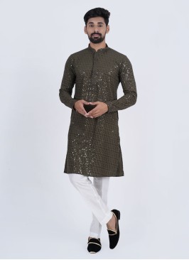 Readymade Mehndi Green Embroidered Kurta Pajama