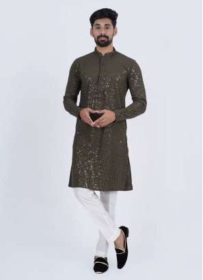 Readymade Mehndi Green Embroidered Kurta Pajama