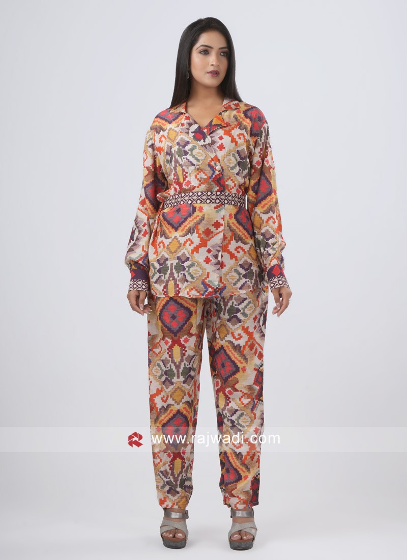 Readymade Multi Color Printed Crepe Silk Coat Suit