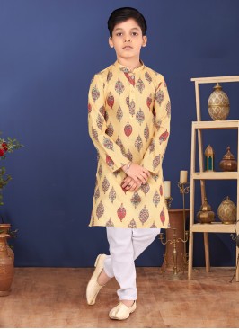 Readymade Mustard Yellow Cotton Printed Kurta Pajama